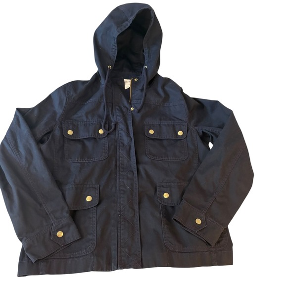 J. Crew Hooded Utility Jacket‎ Gold Hardware Navy Cotton Blend Size Large - Picture 1 of 15